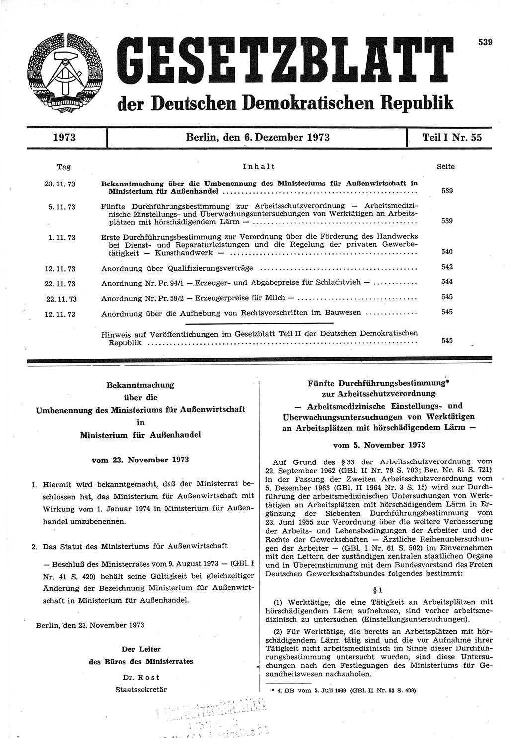 Gesetzblatt (GBl.) der Deutschen Demokratischen Republik (DDR) Teil Ⅰ 1973, Seite 539 (GBl. DDR Ⅰ 1973, S. 539)