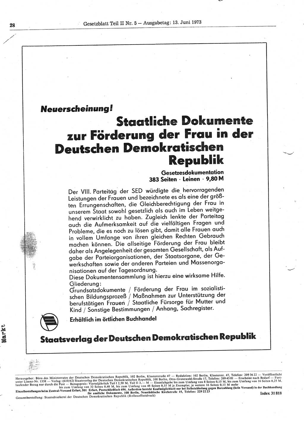 Gesetzblatt (GBl.) der Deutschen Demokratischen Republik (DDR) Teil ⅠⅠ 1973, Seite 28 (GBl. DDR ⅠⅠ 1973, S. 28)
