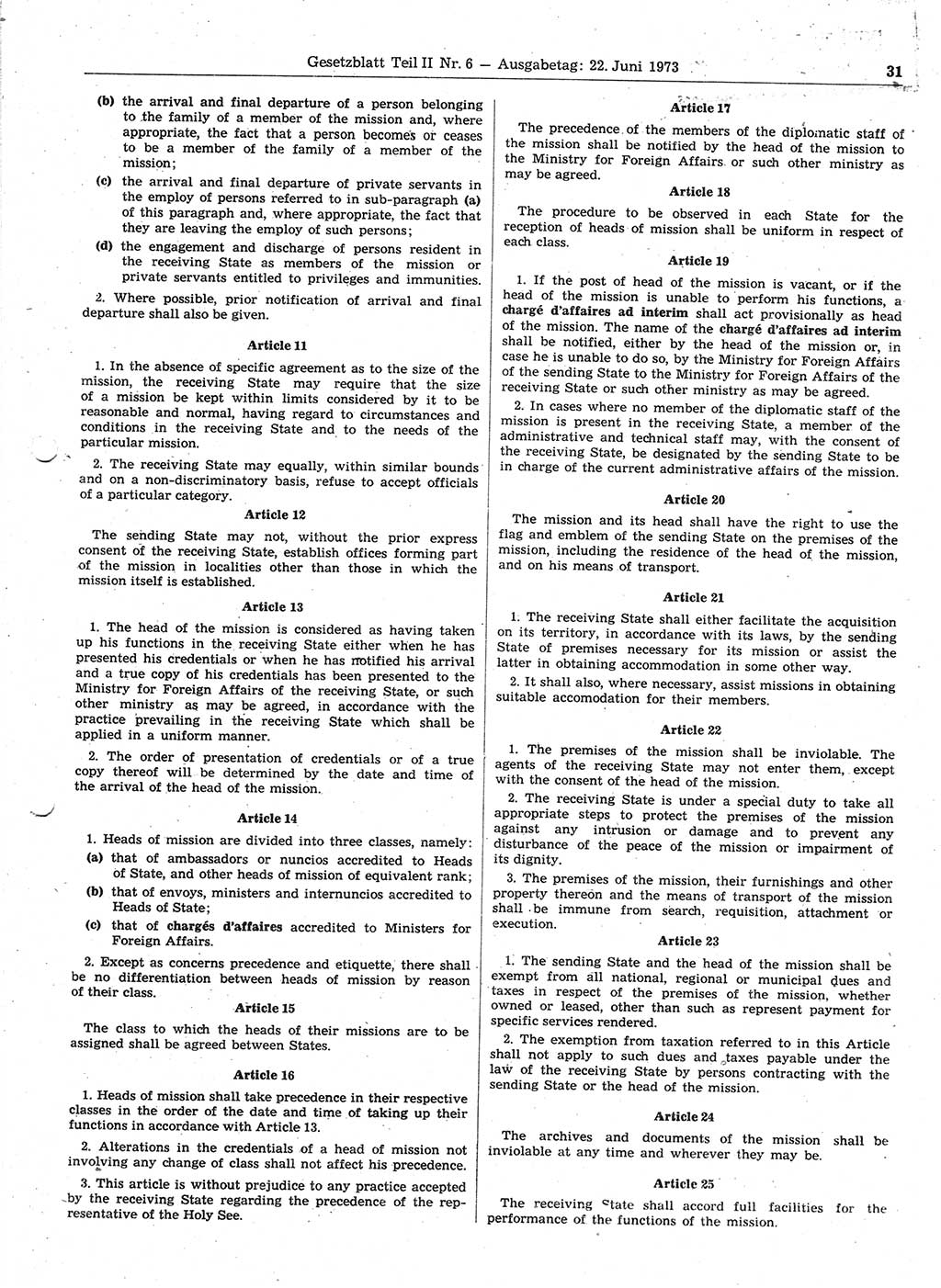 Gesetzblatt (GBl.) der Deutschen Demokratischen Republik (DDR) Teil ⅠⅠ 1973, Seite 31 (GBl. DDR ⅠⅠ 1973, S. 31)