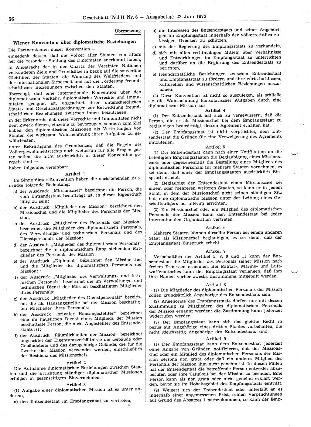 Gesetzblatt (GBl.) der Deutschen Demokratischen Republik (DDR) Teil ⅠⅠ 1973, Seite 56 (GBl. DDR ⅠⅠ 1973, S. 56)