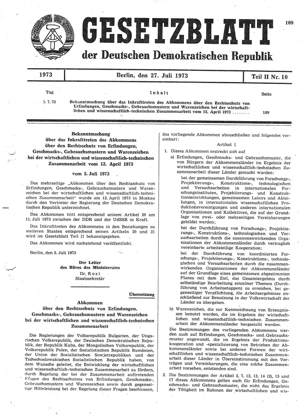 Gesetzblatt (GBl.) der Deutschen Demokratischen Republik (DDR) Teil ⅠⅠ 1973, Seite 109 (GBl. DDR ⅠⅠ 1973, S. 109)