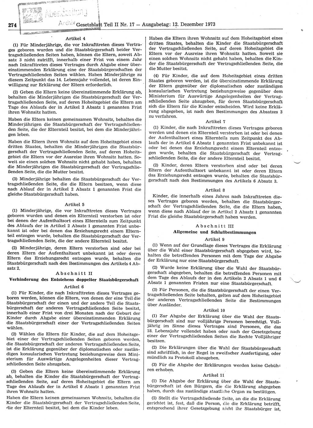 Gesetzblatt (GBl.) der Deutschen Demokratischen Republik (DDR) Teil ⅠⅠ 1973, Seite 274 (GBl. DDR ⅠⅠ 1973, S. 274)