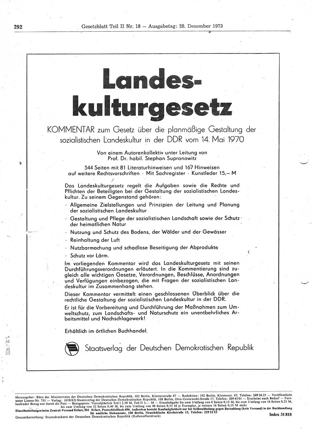 Gesetzblatt (GBl.) der Deutschen Demokratischen Republik (DDR) Teil ⅠⅠ 1973, Seite 292 (GBl. DDR ⅠⅠ 1973, S. 292)