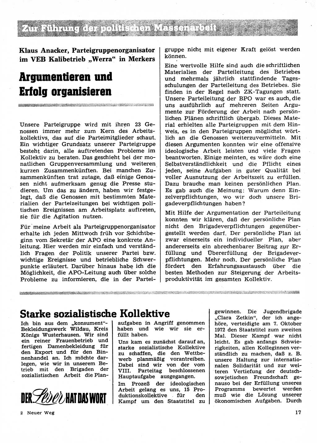 Neuer Weg (NW), Organ des Zentralkomitees (ZK) der SED (Sozialistische Einheitspartei Deutschlands) für Fragen des Parteilebens, 28. Jahrgang [Deutsche Demokratische Republik (DDR)] 1973, Seite 17 (NW ZK SED DDR 1973, S. 17)