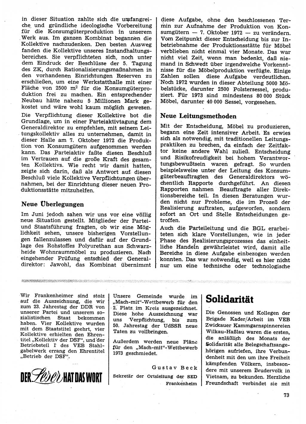 Neuer Weg (NW), Organ des Zentralkomitees (ZK) der SED (Sozialistische Einheitspartei Deutschlands) für Fragen des Parteilebens, 28. Jahrgang [Deutsche Demokratische Republik (DDR)] 1973, Seite 73 (NW ZK SED DDR 1973, S. 73)