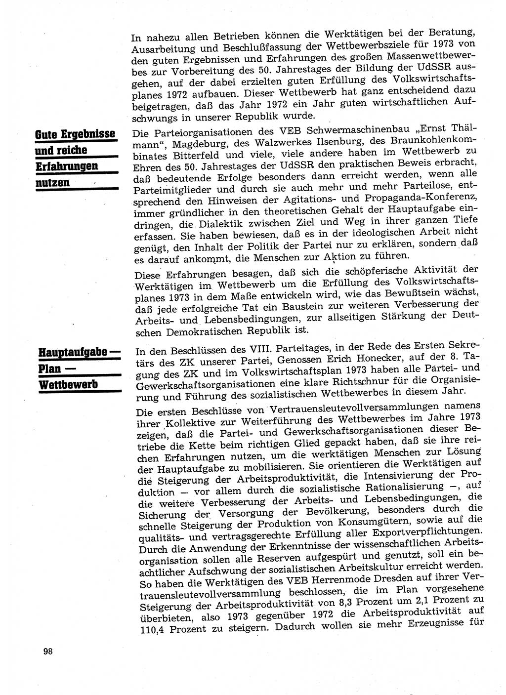 Neuer Weg (NW), Organ des Zentralkomitees (ZK) der SED (Sozialistische Einheitspartei Deutschlands) für Fragen des Parteilebens, 28. Jahrgang [Deutsche Demokratische Republik (DDR)] 1973, Seite 98 (NW ZK SED DDR 1973, S. 98)