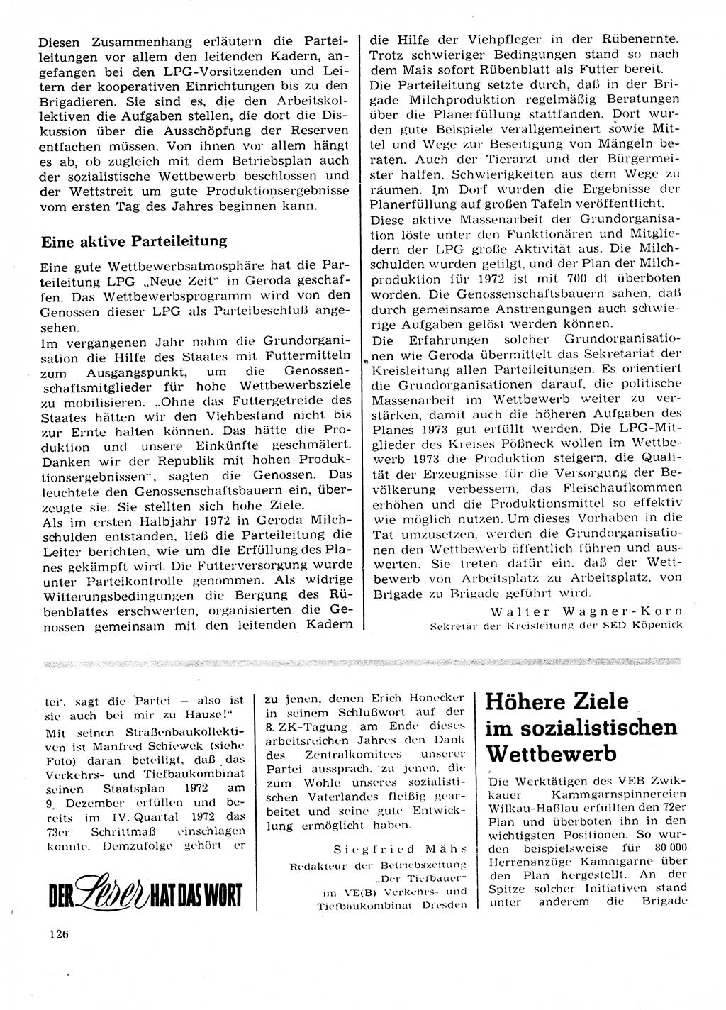 Neuer Weg (NW), Organ des Zentralkomitees (ZK) der SED (Sozialistische Einheitspartei Deutschlands) für Fragen des Parteilebens, 28. Jahrgang [Deutsche Demokratische Republik (DDR)] 1973, Seite 126 (NW ZK SED DDR 1973, S. 126)