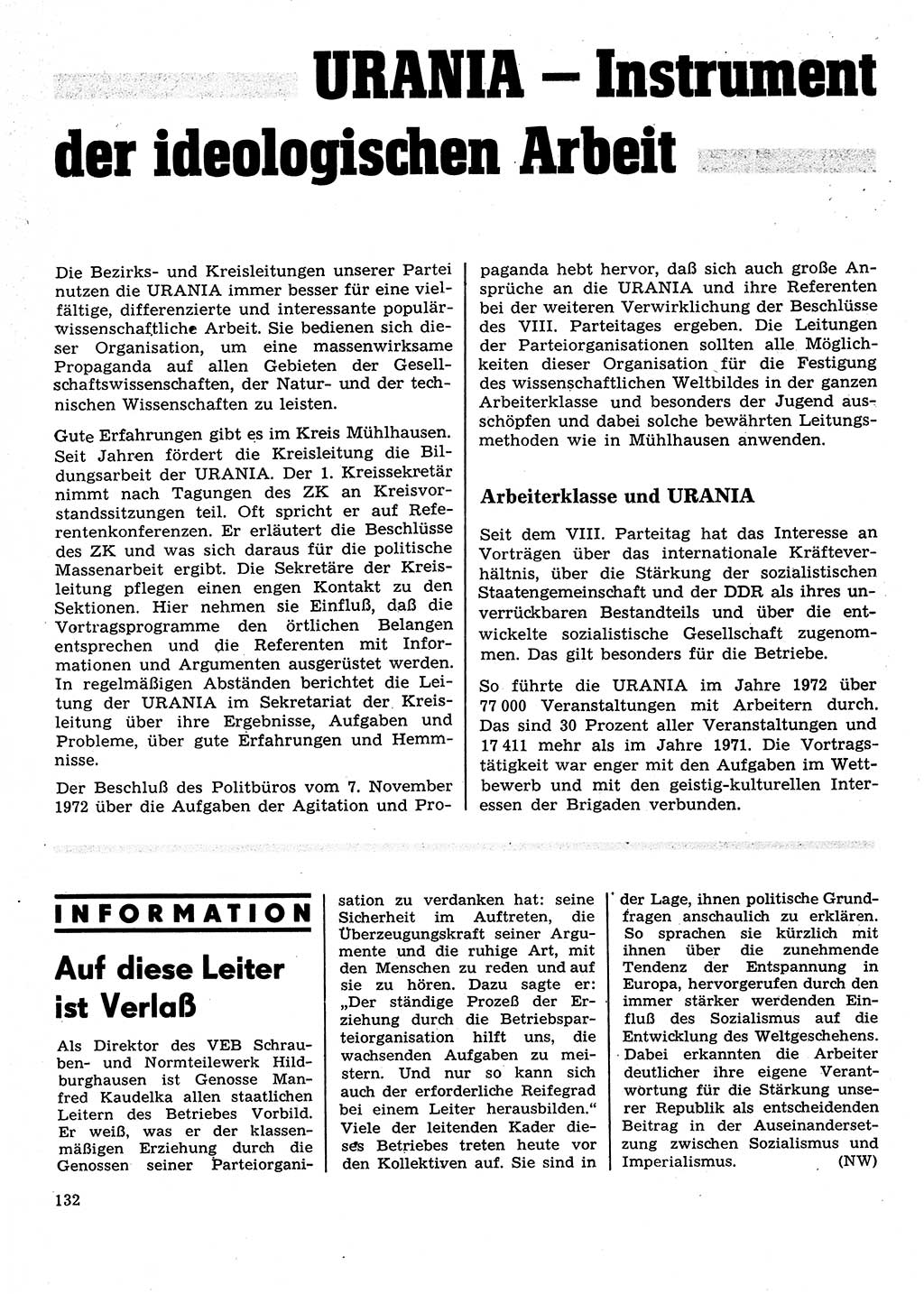 Neuer Weg (NW), Organ des Zentralkomitees (ZK) der SED (Sozialistische Einheitspartei Deutschlands) für Fragen des Parteilebens, 28. Jahrgang [Deutsche Demokratische Republik (DDR)] 1973, Seite 132 (NW ZK SED DDR 1973, S. 132)
