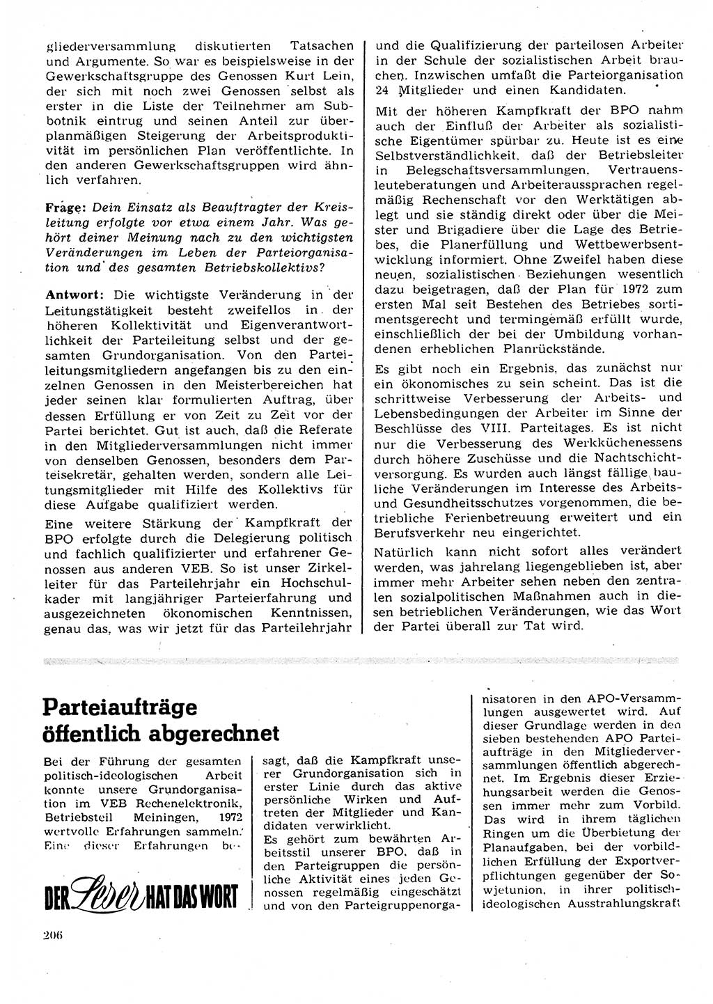 Neuer Weg (NW), Organ des Zentralkomitees (ZK) der SED (Sozialistische Einheitspartei Deutschlands) für Fragen des Parteilebens, 28. Jahrgang [Deutsche Demokratische Republik (DDR)] 1973, Seite 206 (NW ZK SED DDR 1973, S. 206)