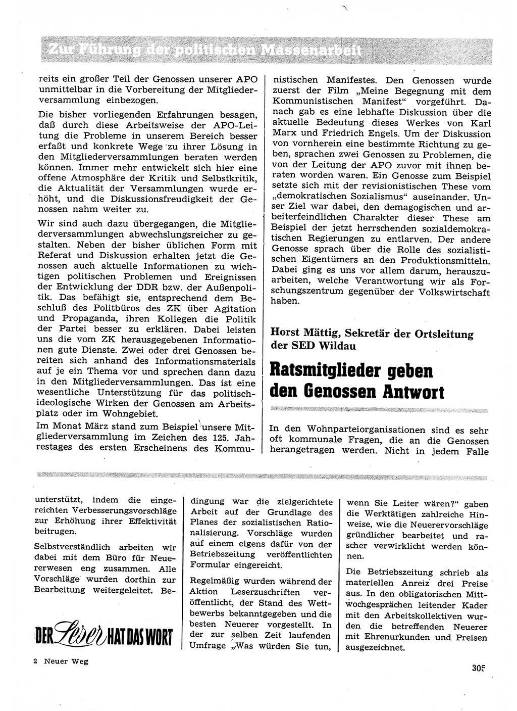 Neuer Weg (NW), Organ des Zentralkomitees (ZK) der SED (Sozialistische Einheitspartei Deutschlands) für Fragen des Parteilebens, 28. Jahrgang [Deutsche Demokratische Republik (DDR)] 1973, Seite 305 (NW ZK SED DDR 1973, S. 305)