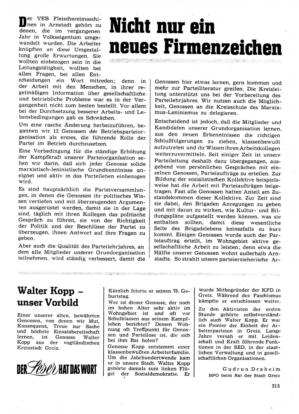 Neuer Weg (NW), Organ des Zentralkomitees (ZK) der SED (Sozialistische Einheitspartei Deutschlands) für Fragen des Parteilebens, 28. Jahrgang [Deutsche Demokratische Republik (DDR)] 1973, Seite 315 (NW ZK SED DDR 1973, S. 315)