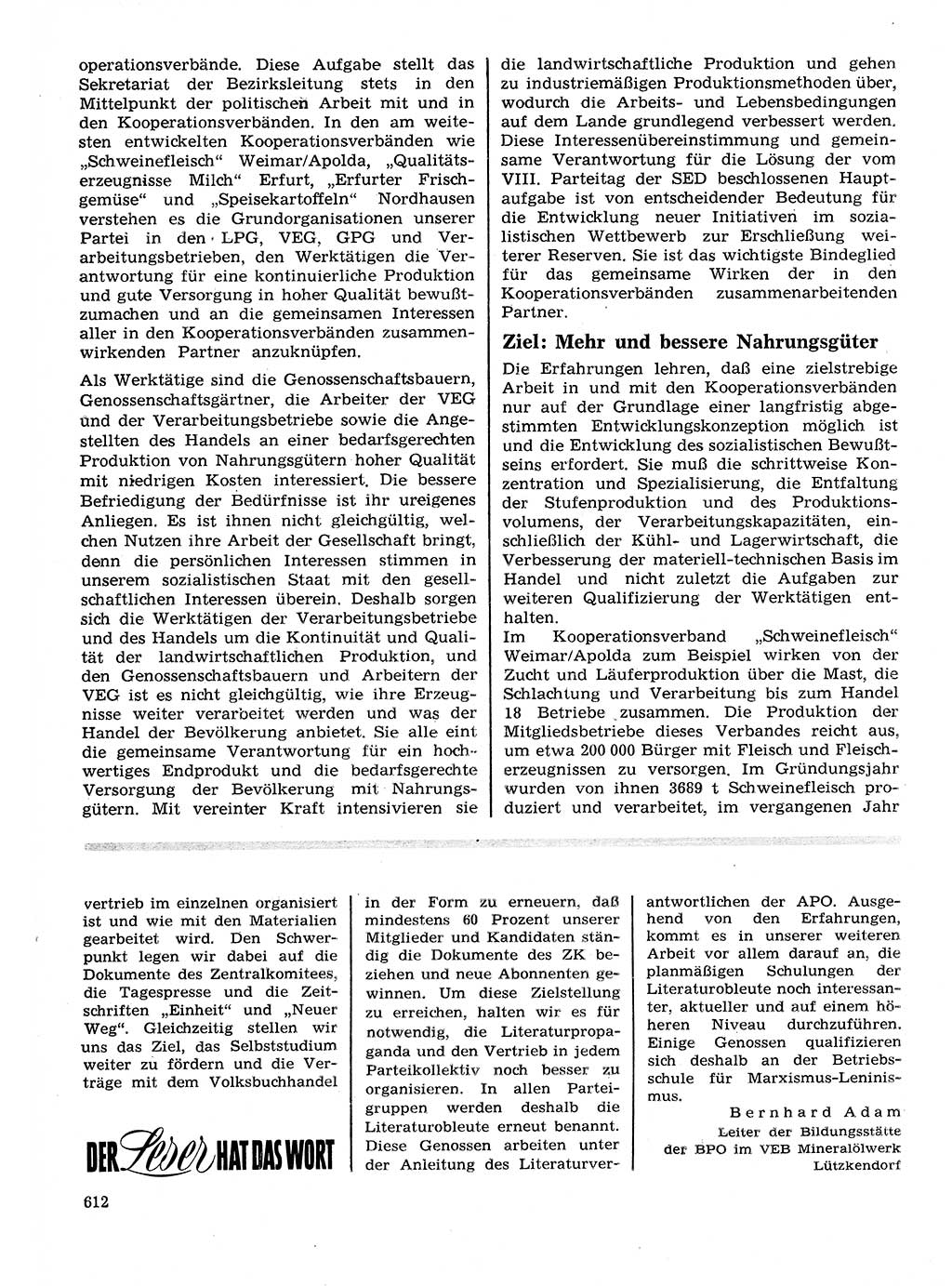 Neuer Weg (NW), Organ des Zentralkomitees (ZK) der SED (Sozialistische Einheitspartei Deutschlands) für Fragen des Parteilebens, 28. Jahrgang [Deutsche Demokratische Republik (DDR)] 1973, Seite 612 (NW ZK SED DDR 1973, S. 612)