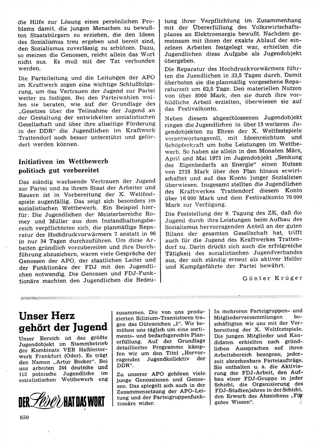 Neuer Weg (NW), Organ des Zentralkomitees (ZK) der SED (Sozialistische Einheitspartei Deutschlands) für Fragen des Parteilebens, 28. Jahrgang [Deutsche Demokratische Republik (DDR)] 1973, Seite 650 (NW ZK SED DDR 1973, S. 650)