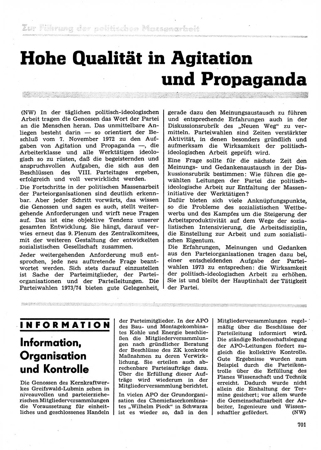 Neuer Weg (NW), Organ des Zentralkomitees (ZK) der SED (Sozialistische Einheitspartei Deutschlands) für Fragen des Parteilebens, 28. Jahrgang [Deutsche Demokratische Republik (DDR)] 1973, Seite 701 (NW ZK SED DDR 1973, S. 701)