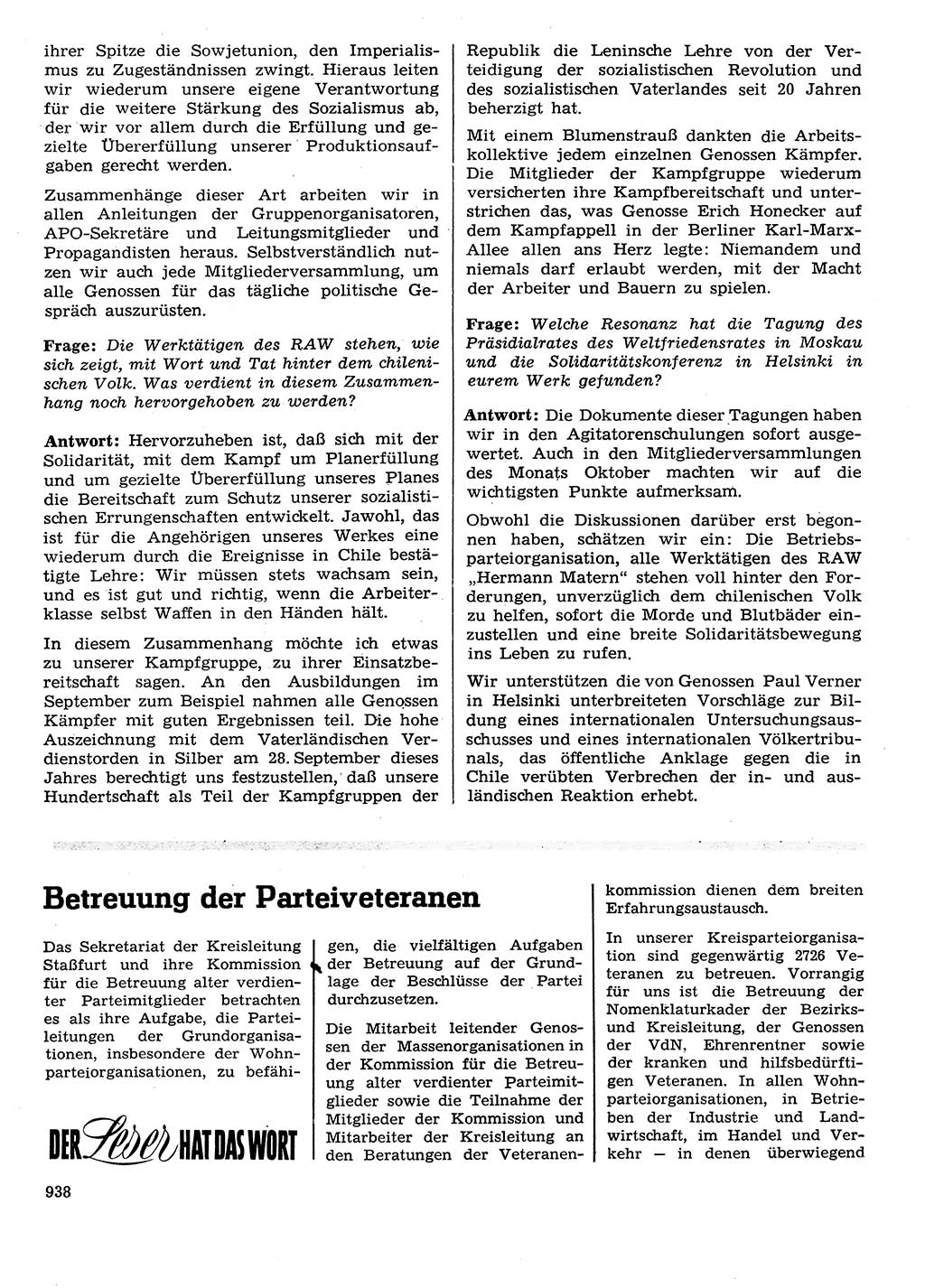 Neuer Weg (NW), Organ des Zentralkomitees (ZK) der SED (Sozialistische Einheitspartei Deutschlands) für Fragen des Parteilebens, 28. Jahrgang [Deutsche Demokratische Republik (DDR)] 1973, Seite 938 (NW ZK SED DDR 1973, S. 938)