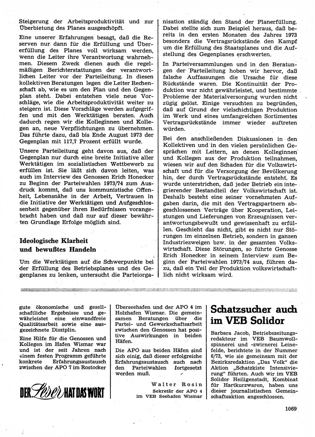 Neuer Weg (NW), Organ des Zentralkomitees (ZK) der SED (Sozialistische Einheitspartei Deutschlands) für Fragen des Parteilebens, 28. Jahrgang [Deutsche Demokratische Republik (DDR)] 1973, Seite 1069 (NW ZK SED DDR 1973, S. 1069)