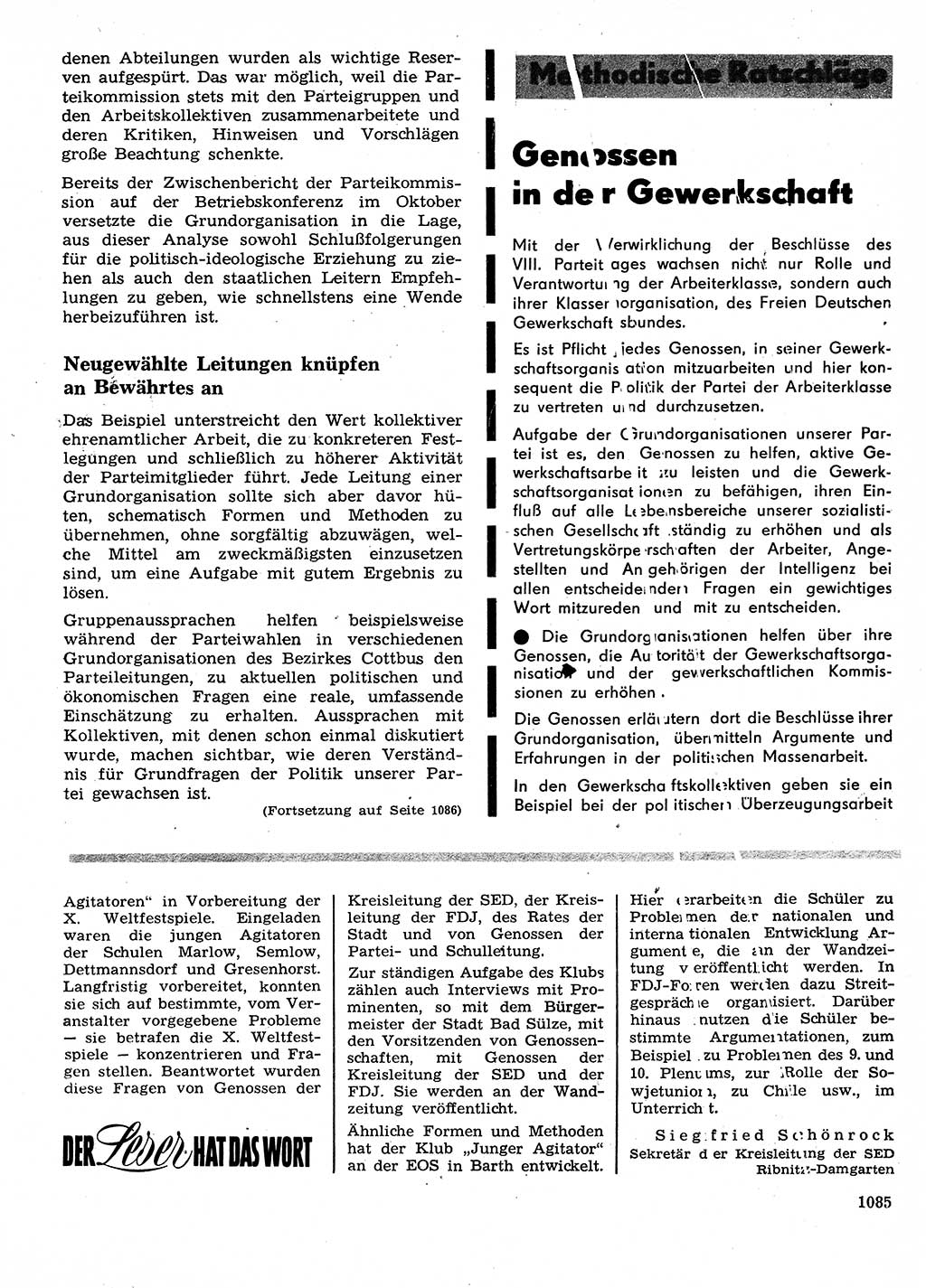 Neuer Weg (NW), Organ des Zentralkomitees (ZK) der SED (Sozialistische Einheitspartei Deutschlands) für Fragen des Parteilebens, 28. Jahrgang [Deutsche Demokratische Republik (DDR)] 1973, Seite 1085 (NW ZK SED DDR 1973, S. 1085)