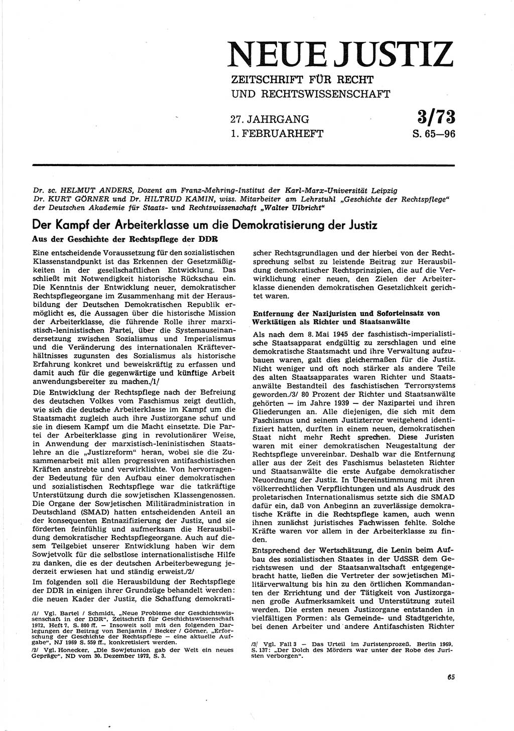 Neue Justiz (NJ), Zeitschrift für Recht und Rechtswissenschaft [Deutsche Demokratische Republik (DDR)], 27. Jahrgang 1973, Seite 65 (NJ DDR 1973, S. 65)