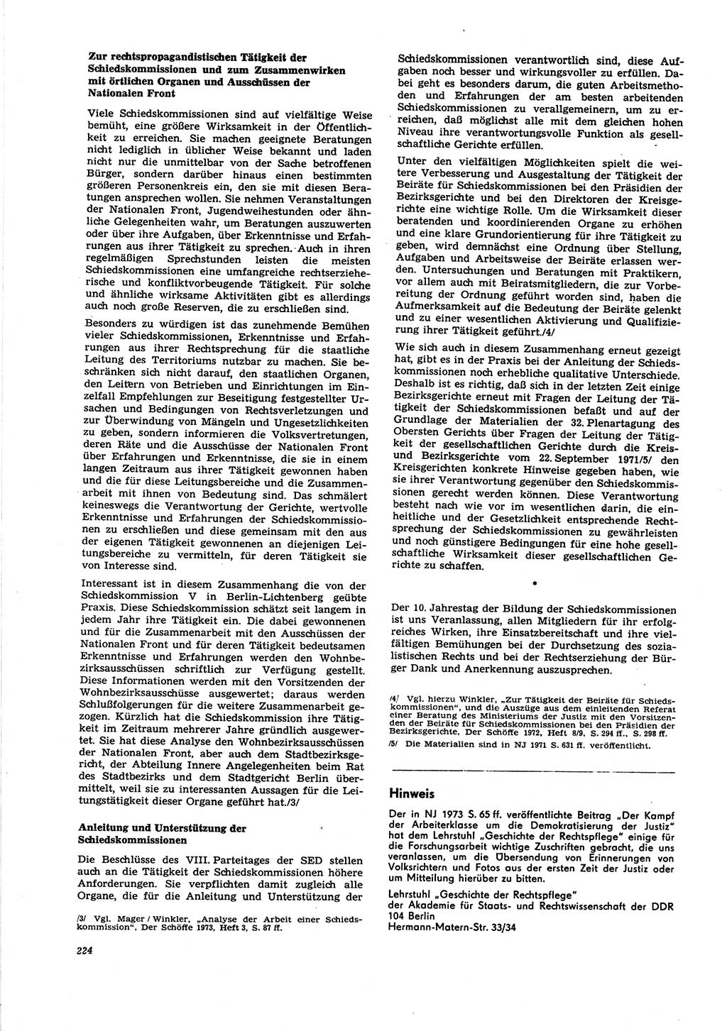 Neue Justiz (NJ), Zeitschrift für Recht und Rechtswissenschaft [Deutsche Demokratische Republik (DDR)], 27. Jahrgang 1973, Seite 224 (NJ DDR 1973, S. 224)