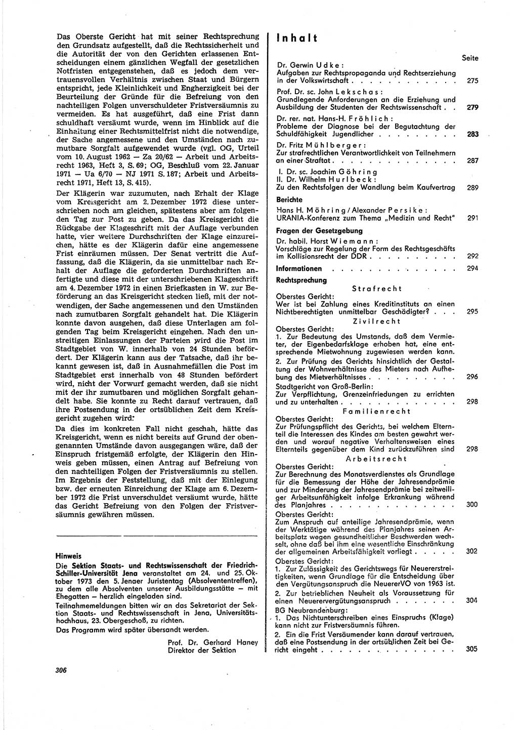 Neue Justiz (NJ), Zeitschrift für Recht und Rechtswissenschaft [Deutsche Demokratische Republik (DDR)], 27. Jahrgang 1973, Seite 306 (NJ DDR 1973, S. 306)