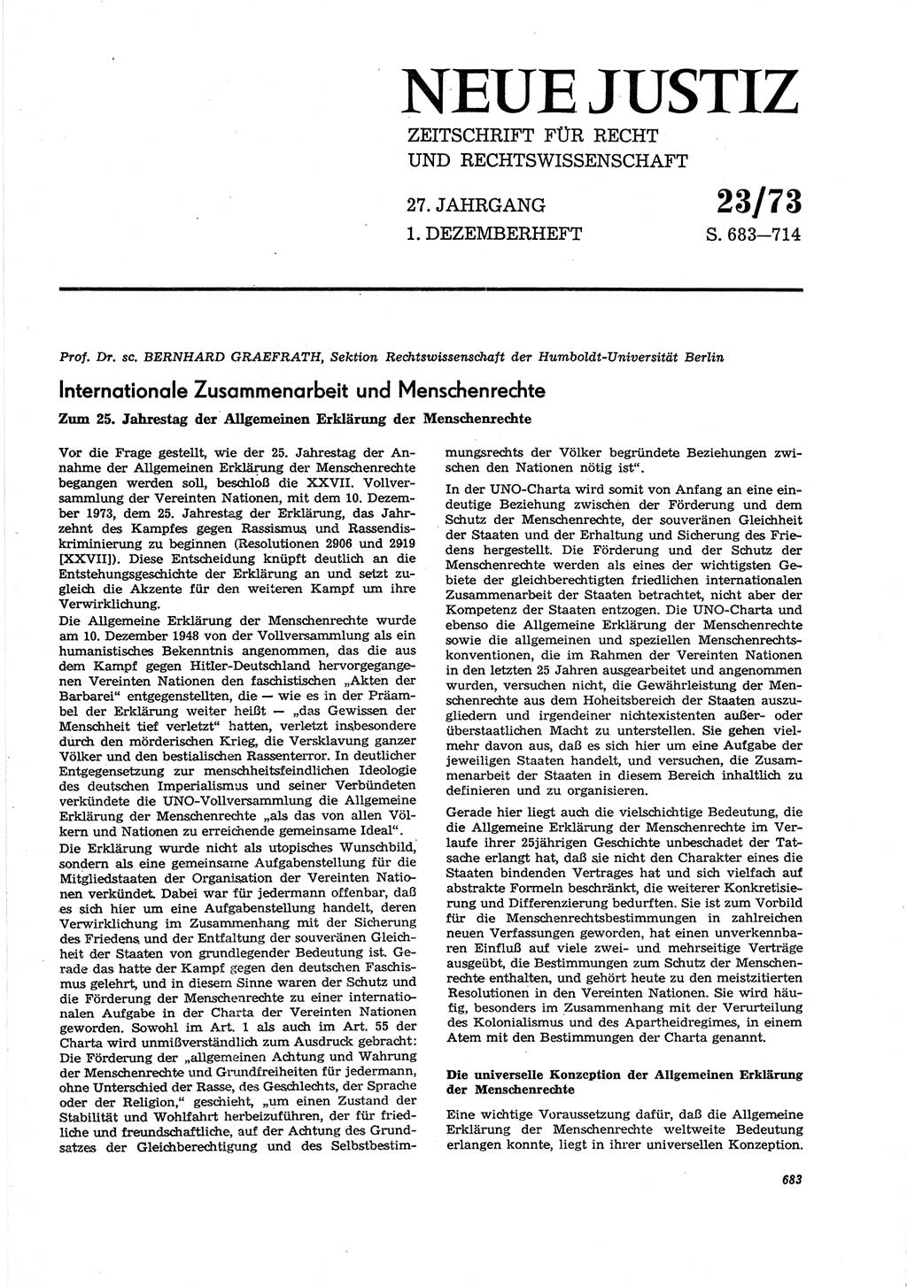 Neue Justiz (NJ), Zeitschrift für Recht und Rechtswissenschaft [Deutsche Demokratische Republik (DDR)], 27. Jahrgang 1973, Seite 683 (NJ DDR 1973, S. 683)