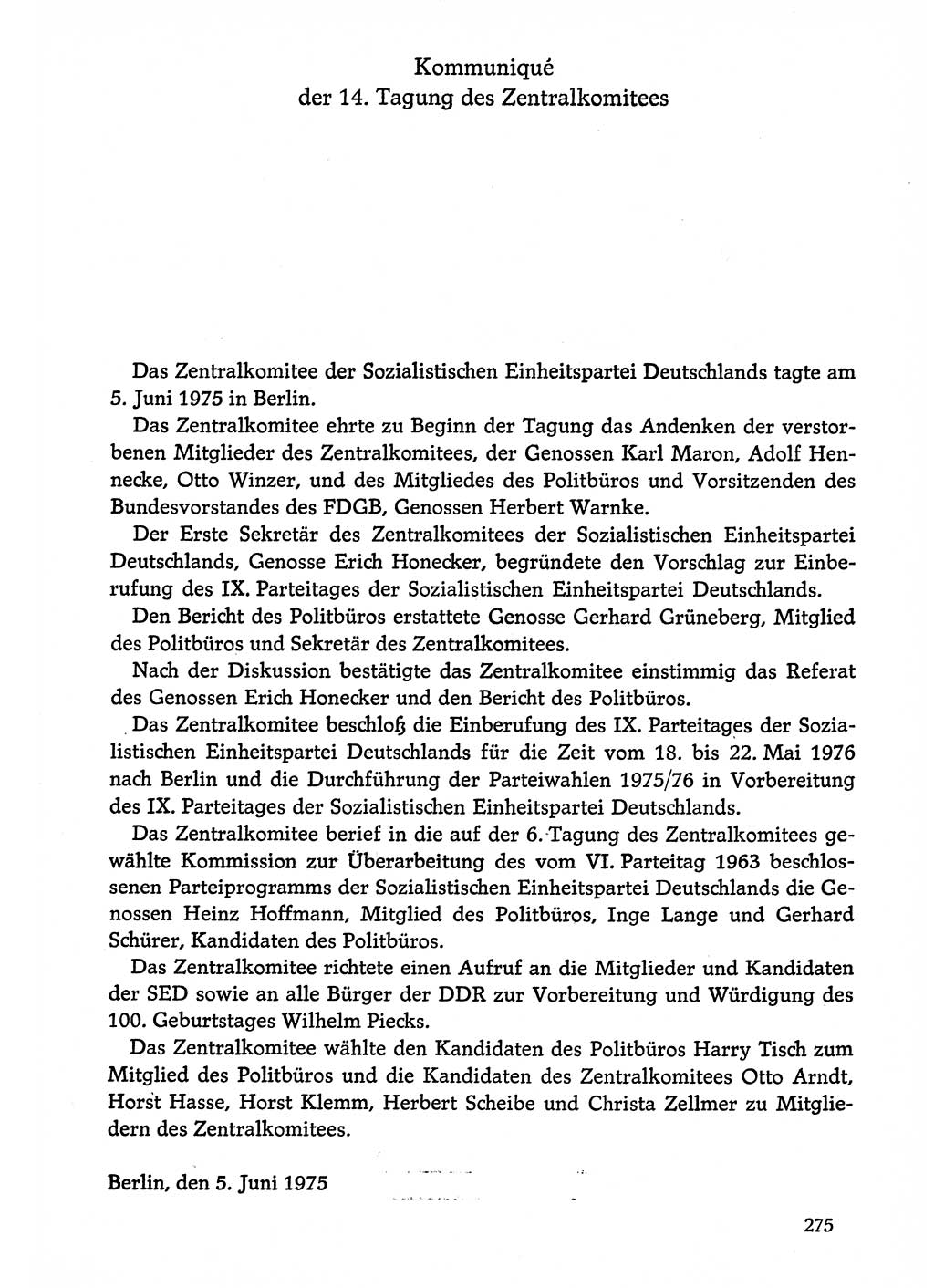 Dokumente der Sozialistischen Einheitspartei Deutschlands (SED) [Deutsche Demokratische Republik (DDR)] 1974-1975, Seite 275 (Dok. SED DDR 1978, Bd. ⅩⅤ, S. 275)