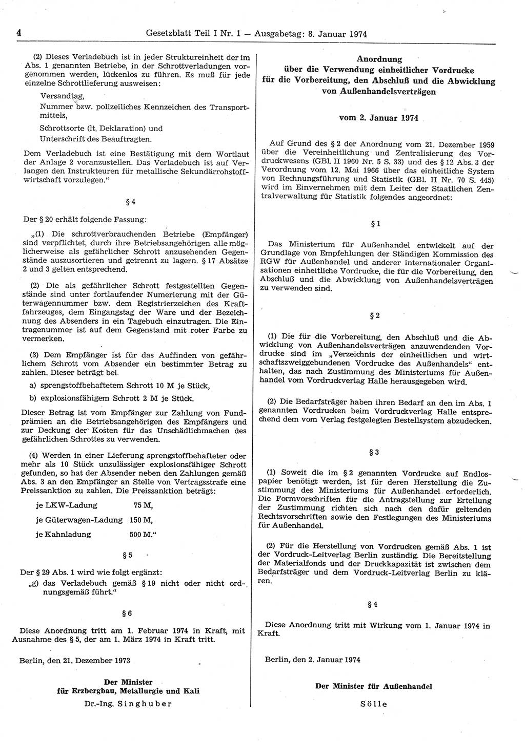 Gesetzblatt (GBl.) der Deutschen Demokratischen Republik (DDR) Teil Ⅰ 1974, Seite 4 (GBl. DDR Ⅰ 1974, S. 4)