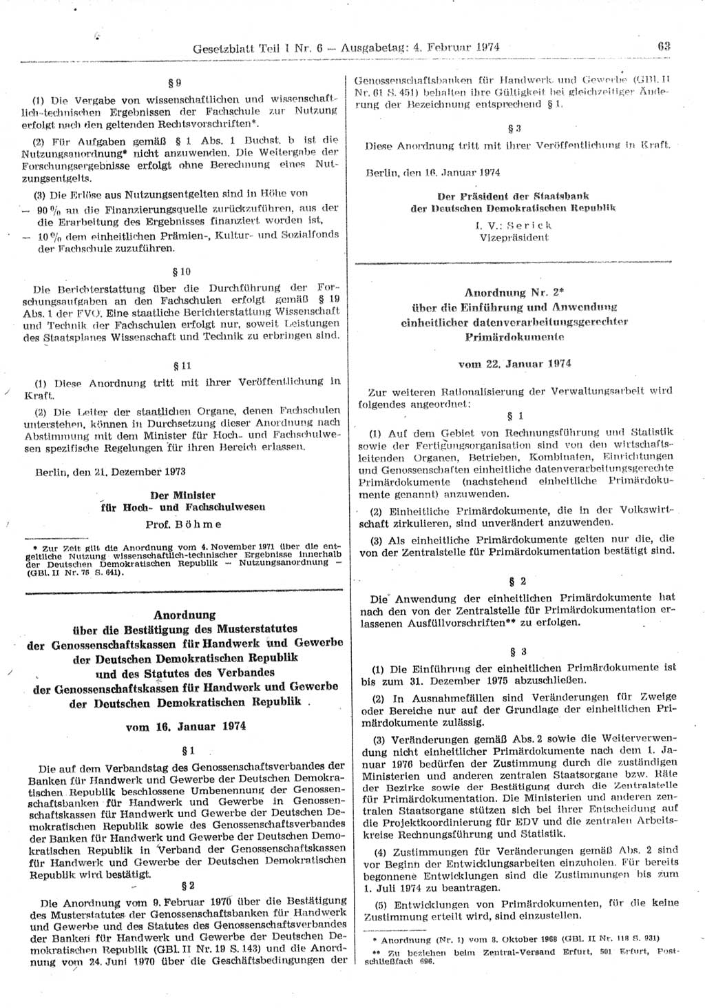 Gesetzblatt (GBl.) der Deutschen Demokratischen Republik (DDR) Teil Ⅰ 1974, Seite 63 (GBl. DDR Ⅰ 1974, S. 63)