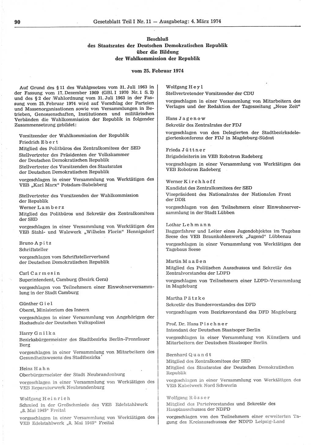 Gesetzblatt (GBl.) der Deutschen Demokratischen Republik (DDR) Teil Ⅰ 1974, Seite 90 (GBl. DDR Ⅰ 1974, S. 90)