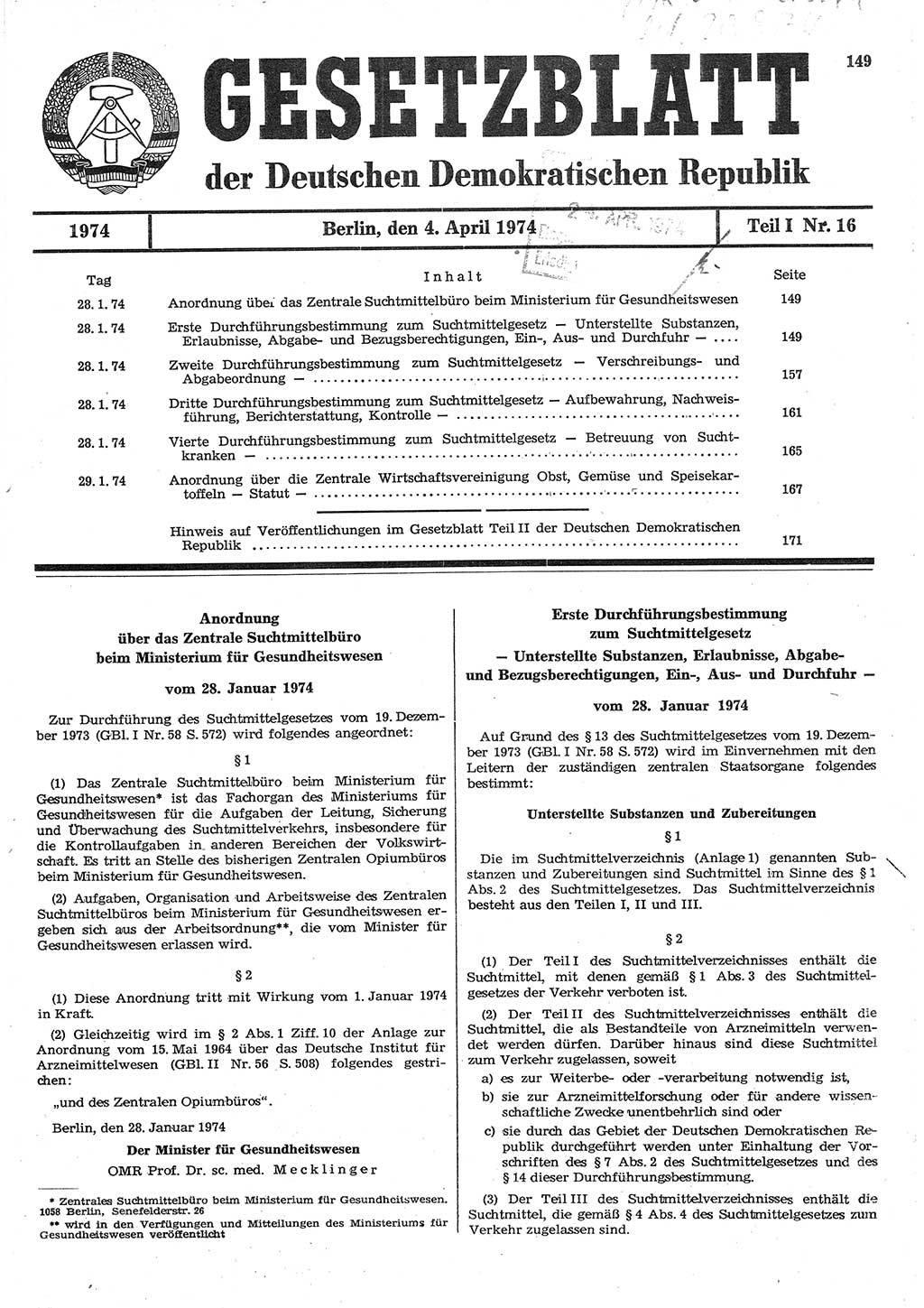 Gesetzblatt (GBl.) der Deutschen Demokratischen Republik (DDR) Teil Ⅰ 1974, Seite 149 (GBl. DDR Ⅰ 1974, S. 149)