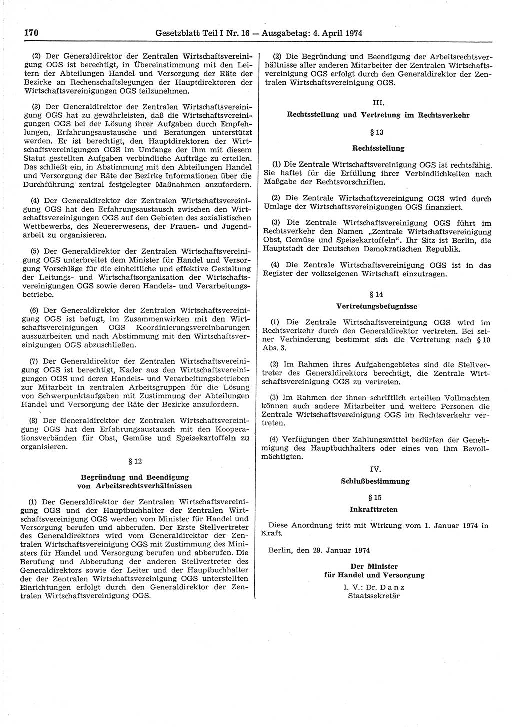 Gesetzblatt (GBl.) der Deutschen Demokratischen Republik (DDR) Teil Ⅰ 1974, Seite 170 (GBl. DDR Ⅰ 1974, S. 170)