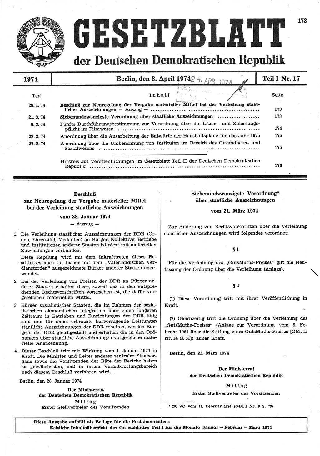 Gesetzblatt (GBl.) der Deutschen Demokratischen Republik (DDR) Teil Ⅰ 1974, Seite 173 (GBl. DDR Ⅰ 1974, S. 173)