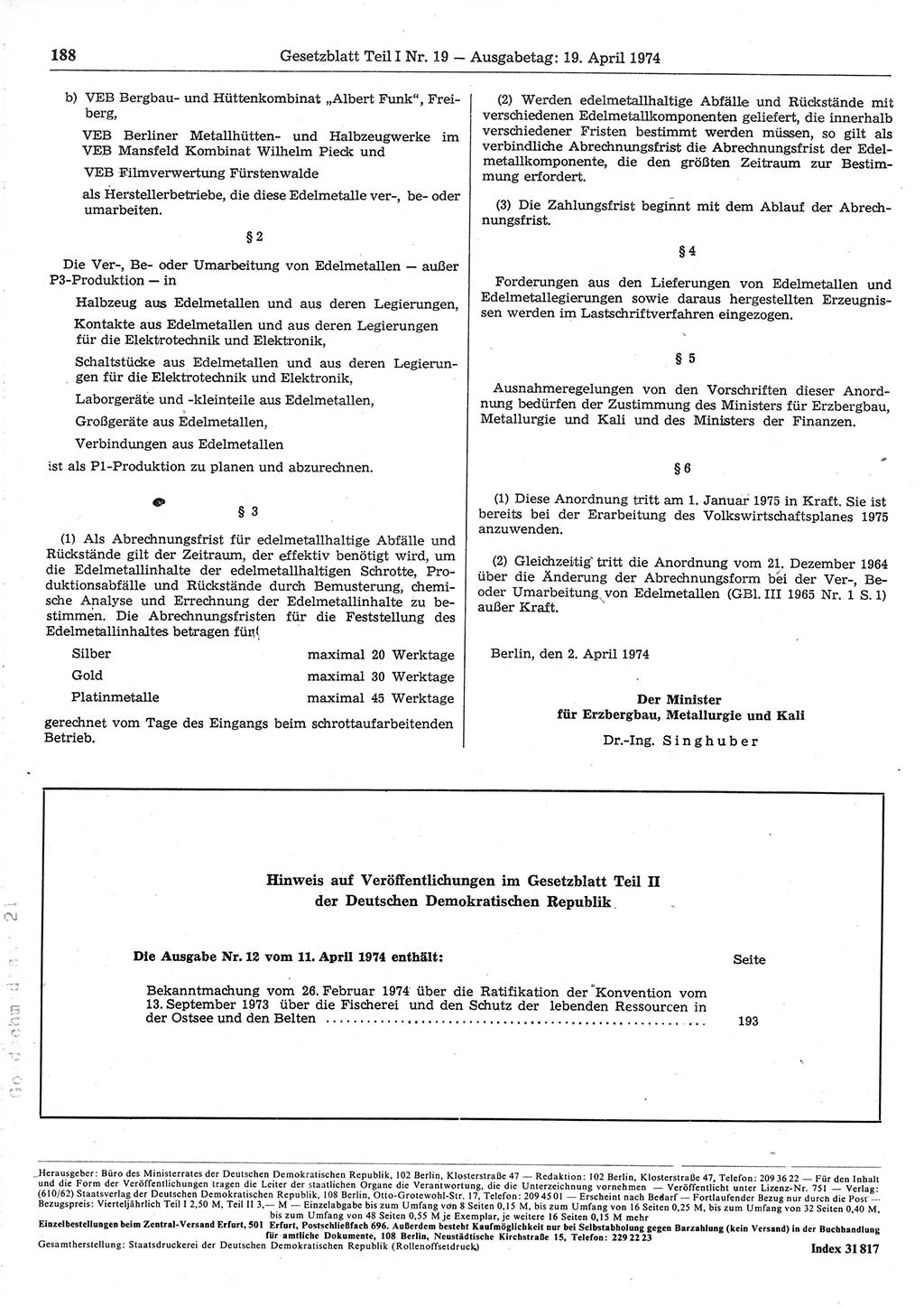 Gesetzblatt (GBl.) der Deutschen Demokratischen Republik (DDR) Teil Ⅰ 1974, Seite 188 (GBl. DDR Ⅰ 1974, S. 188)