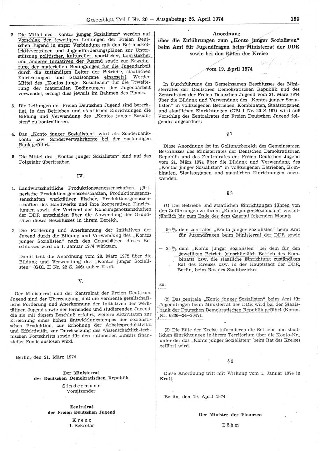 Gesetzblatt (GBl.) der Deutschen Demokratischen Republik (DDR) Teil Ⅰ 1974, Seite 193 (GBl. DDR Ⅰ 1974, S. 193)