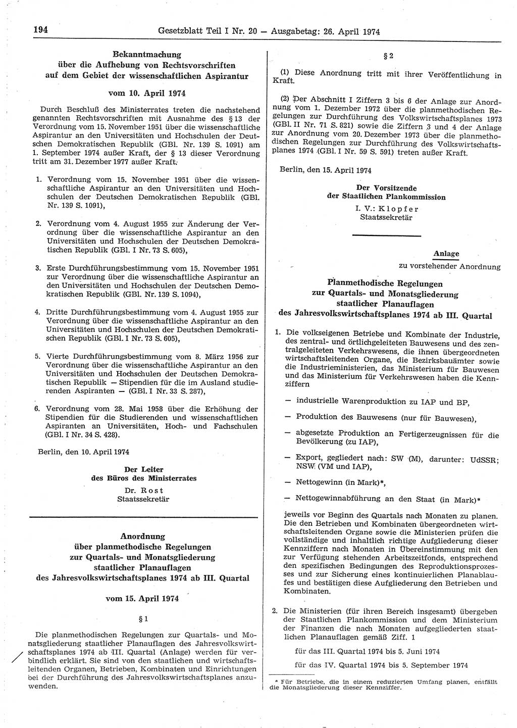 Gesetzblatt (GBl.) der Deutschen Demokratischen Republik (DDR) Teil Ⅰ 1974, Seite 194 (GBl. DDR Ⅰ 1974, S. 194)