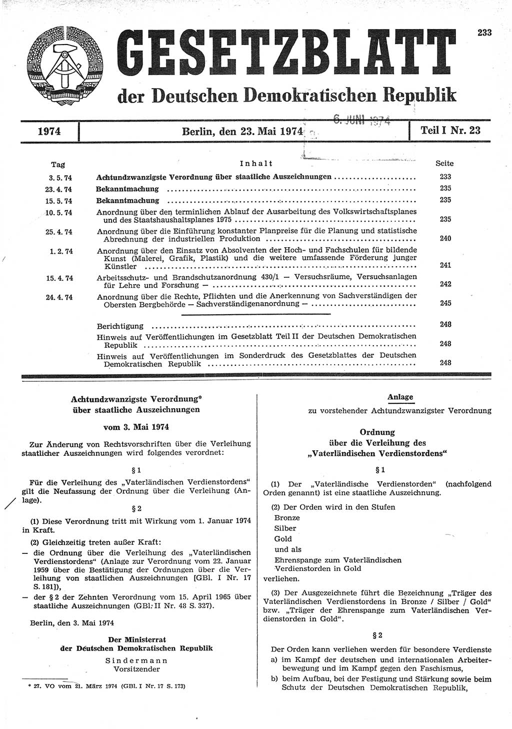 Gesetzblatt (GBl.) der Deutschen Demokratischen Republik (DDR) Teil Ⅰ 1974, Seite 233 (GBl. DDR Ⅰ 1974, S. 233)