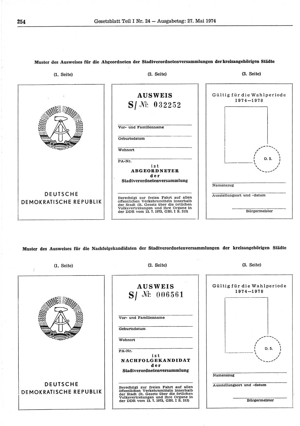 Gesetzblatt (GBl.) der Deutschen Demokratischen Republik (DDR) Teil Ⅰ 1974, Seite 254 (GBl. DDR Ⅰ 1974, S. 254)