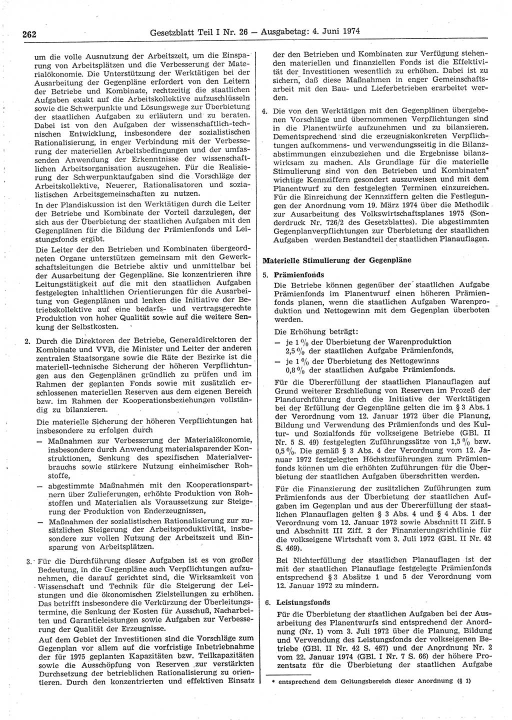 Gesetzblatt (GBl.) der Deutschen Demokratischen Republik (DDR) Teil Ⅰ 1974, Seite 262 (GBl. DDR Ⅰ 1974, S. 262)