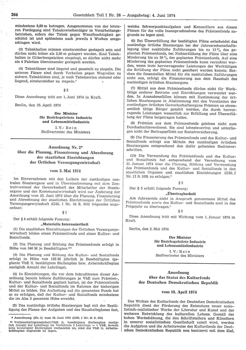 Gesetzblatt (GBl.) der Deutschen Demokratischen Republik (DDR) Teil Ⅰ 1974, Seite 266 (GBl. DDR Ⅰ 1974, S. 266)