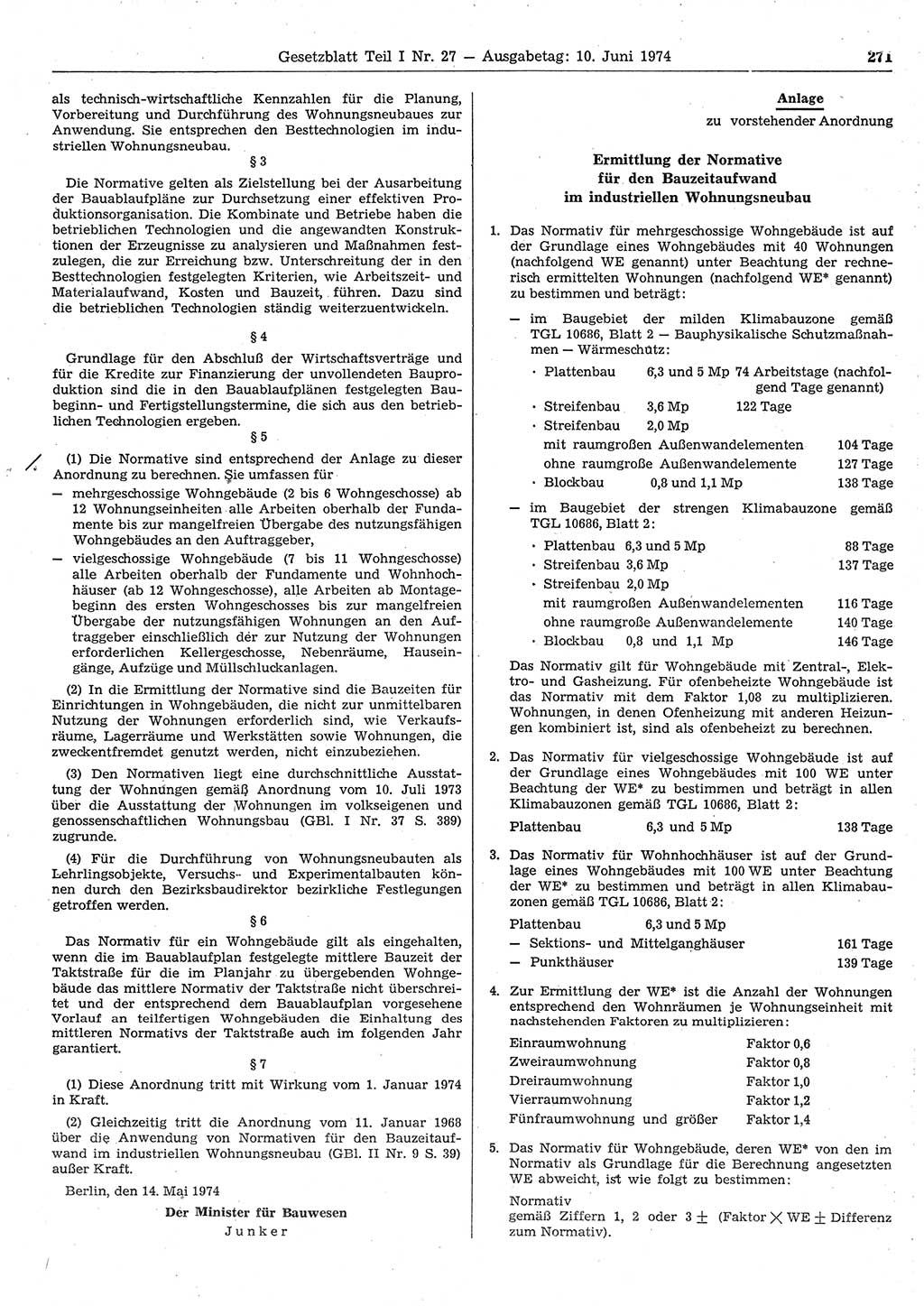 Gesetzblatt (GBl.) der Deutschen Demokratischen Republik (DDR) Teil Ⅰ 1974, Seite 271 (GBl. DDR Ⅰ 1974, S. 271)