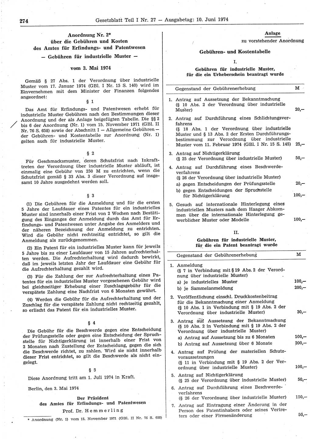 Gesetzblatt (GBl.) der Deutschen Demokratischen Republik (DDR) Teil Ⅰ 1974, Seite 274 (GBl. DDR Ⅰ 1974, S. 274)