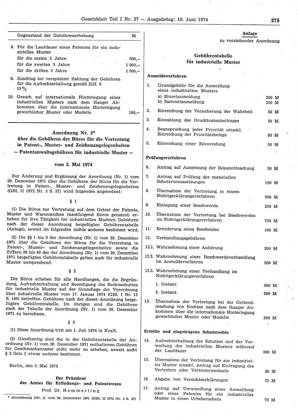 Gesetzblatt (GBl.) der Deutschen Demokratischen Republik (DDR) Teil Ⅰ 1974, Seite 275 (GBl. DDR Ⅰ 1974, S. 275)