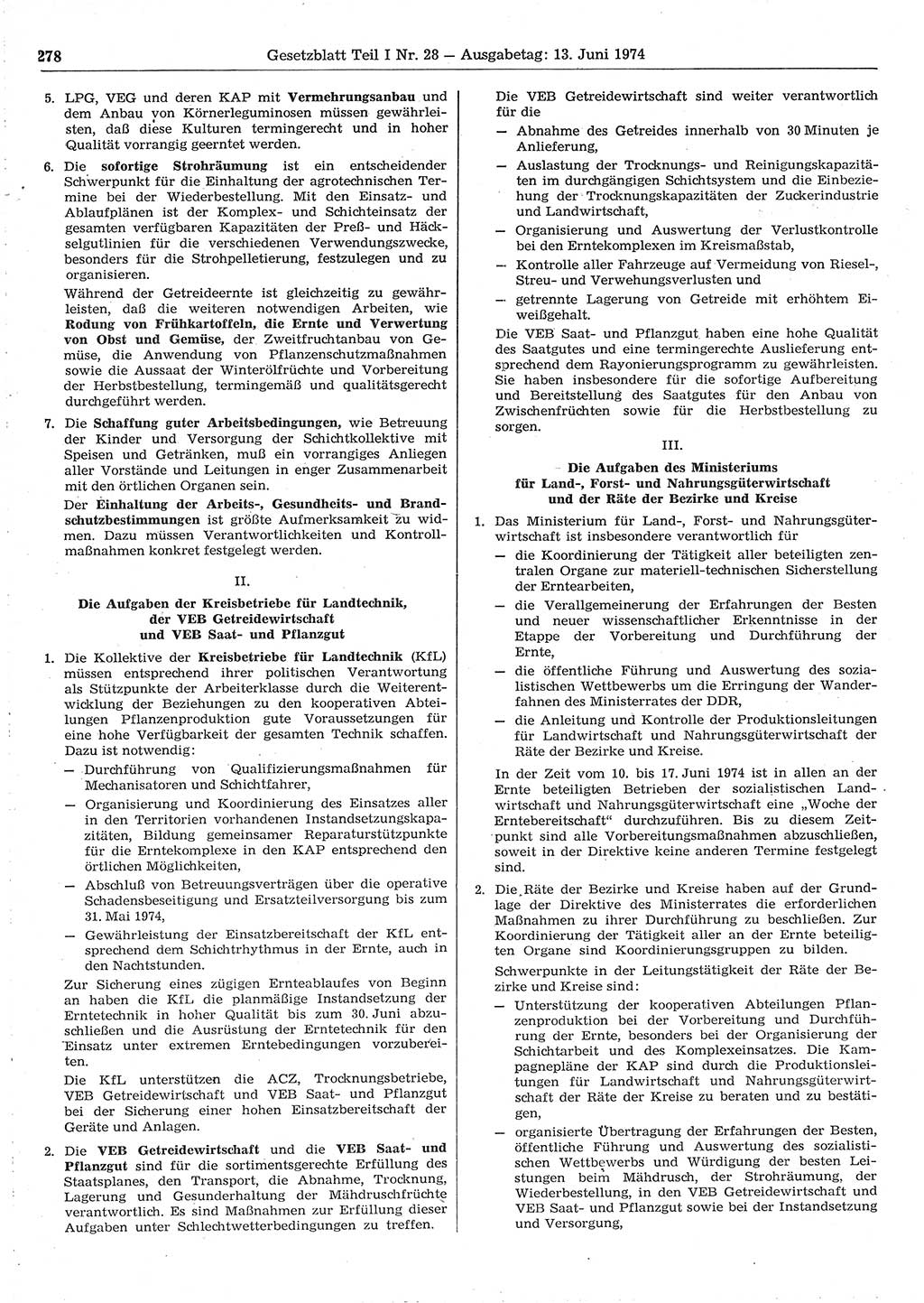 Gesetzblatt (GBl.) der Deutschen Demokratischen Republik (DDR) Teil Ⅰ 1974, Seite 278 (GBl. DDR Ⅰ 1974, S. 278)