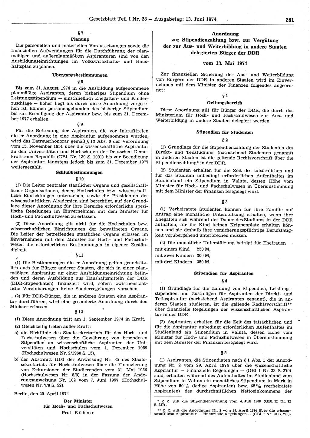 Gesetzblatt (GBl.) der Deutschen Demokratischen Republik (DDR) Teil Ⅰ 1974, Seite 281 (GBl. DDR Ⅰ 1974, S. 281)