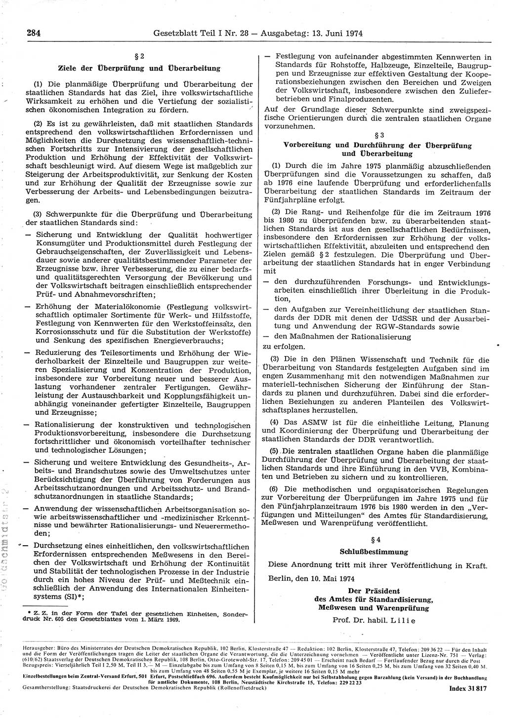 Gesetzblatt (GBl.) der Deutschen Demokratischen Republik (DDR) Teil Ⅰ 1974, Seite 284 (GBl. DDR Ⅰ 1974, S. 284)