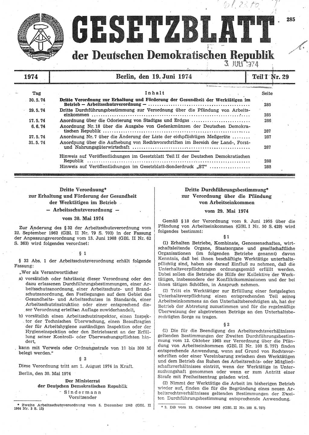 Gesetzblatt (GBl.) der Deutschen Demokratischen Republik (DDR) Teil Ⅰ 1974, Seite 285 (GBl. DDR Ⅰ 1974, S. 285)