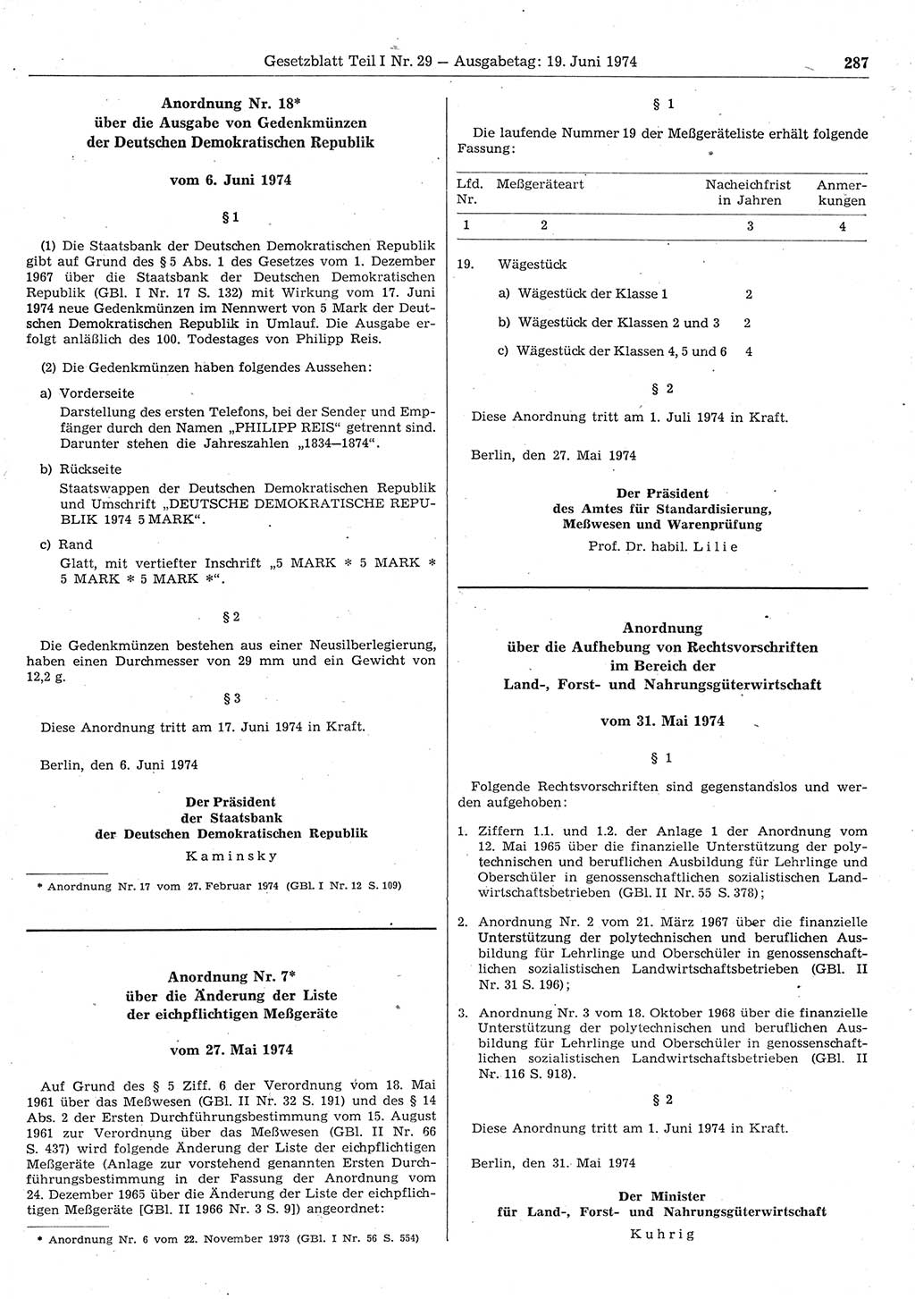 Gesetzblatt (GBl.) der Deutschen Demokratischen Republik (DDR) Teil Ⅰ 1974, Seite 287 (GBl. DDR Ⅰ 1974, S. 287)