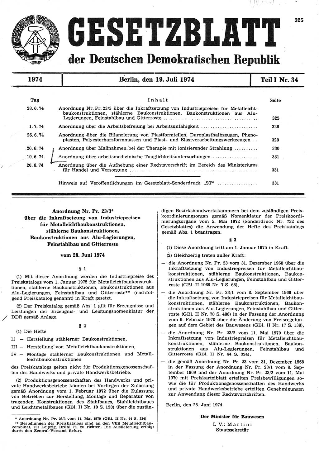 Gesetzblatt (GBl.) der Deutschen Demokratischen Republik (DDR) Teil Ⅰ 1974, Seite 325 (GBl. DDR Ⅰ 1974, S. 325)