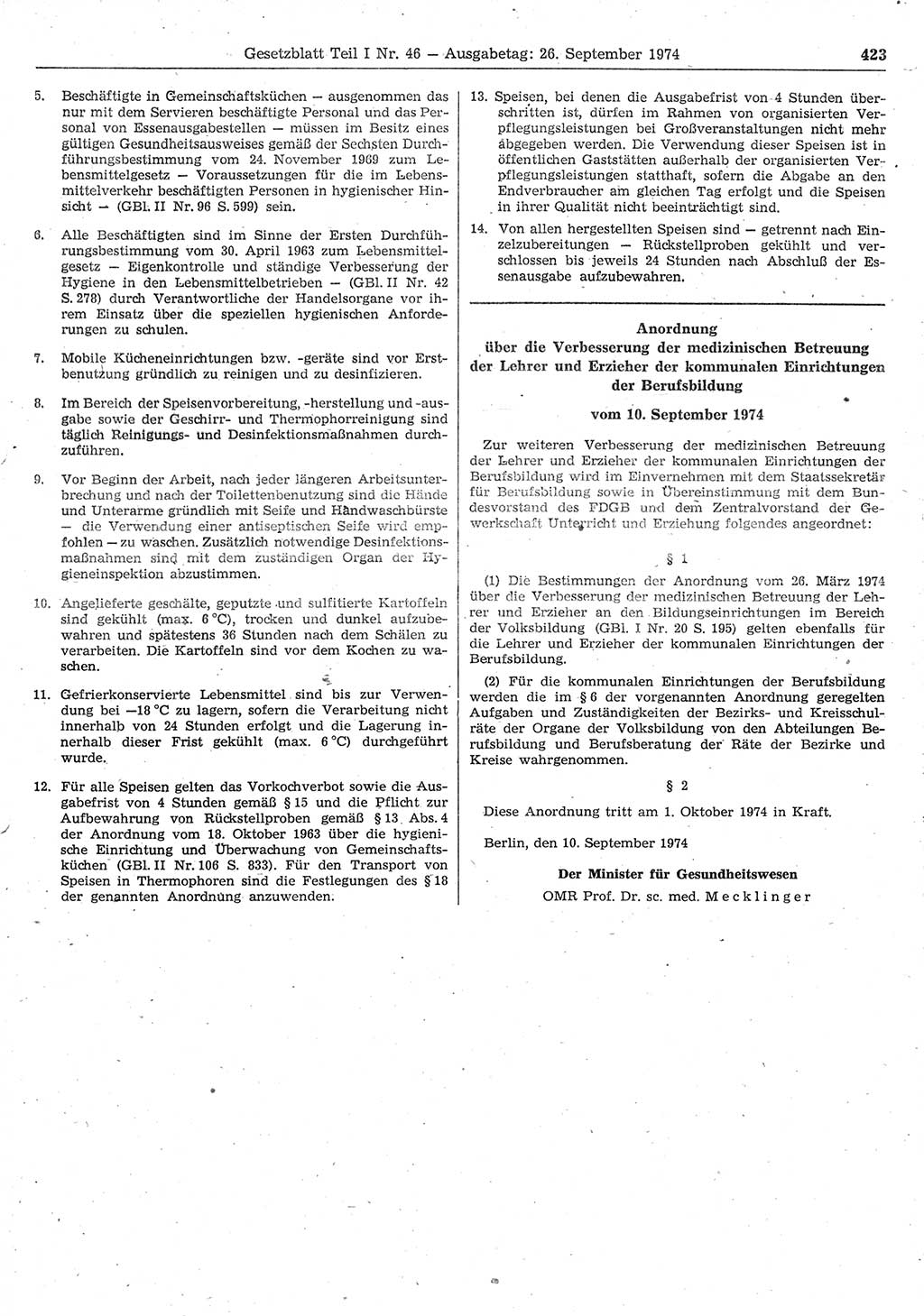 Gesetzblatt (GBl.) der Deutschen Demokratischen Republik (DDR) Teil Ⅰ 1974, Seite 423 (GBl. DDR Ⅰ 1974, S. 423)