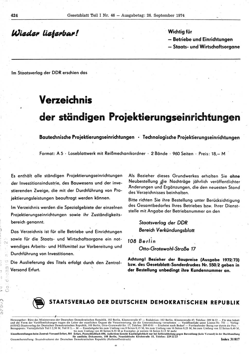 Gesetzblatt (GBl.) der Deutschen Demokratischen Republik (DDR) Teil Ⅰ 1974, Seite 424 (GBl. DDR Ⅰ 1974, S. 424)